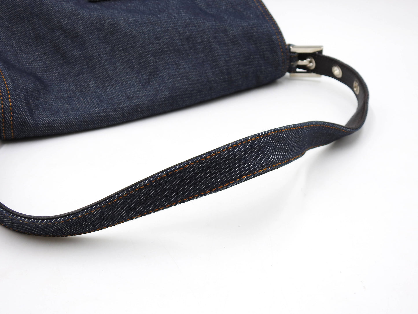 FENDI Mamma Baguette Shoulder Hand Bag Denim Navy Silver Hardware