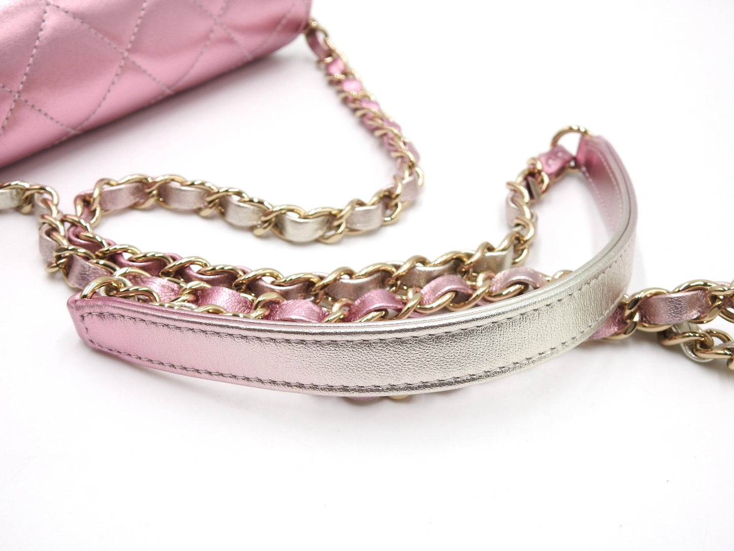 CHANEL Mini Flap Chain Shoulder Bag Lambskin Metallic Silver Pink AS3002