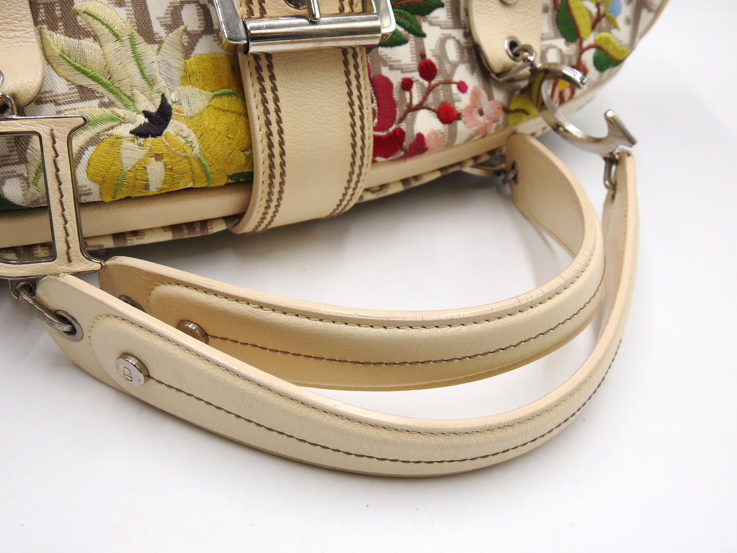 Christian Dior Trotter Embroidered Flower Tote Hand Bag Canvas Beige